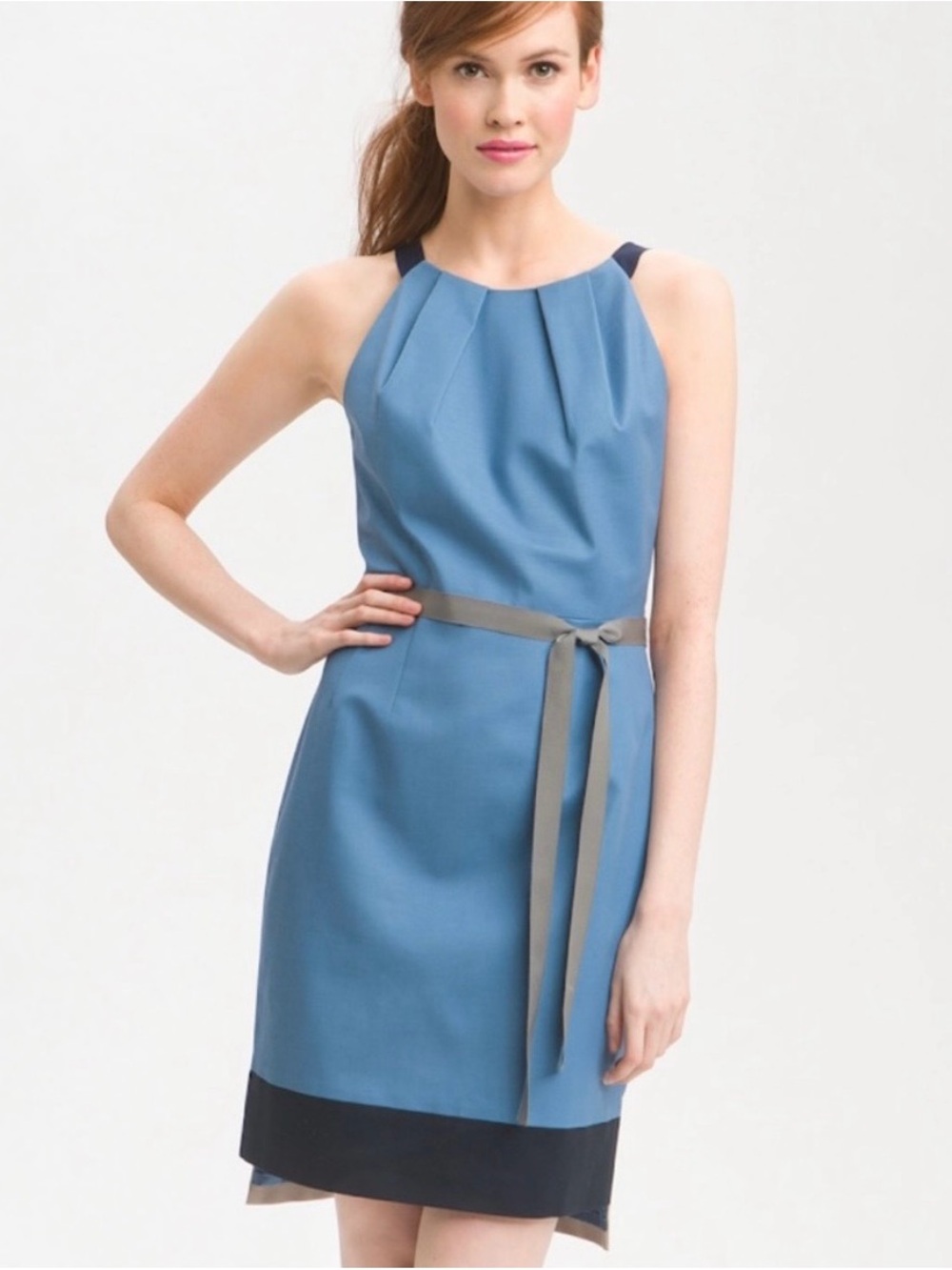 T Tahari Blue and Navy Sleeveless Belted Dress with Grey Ribbon